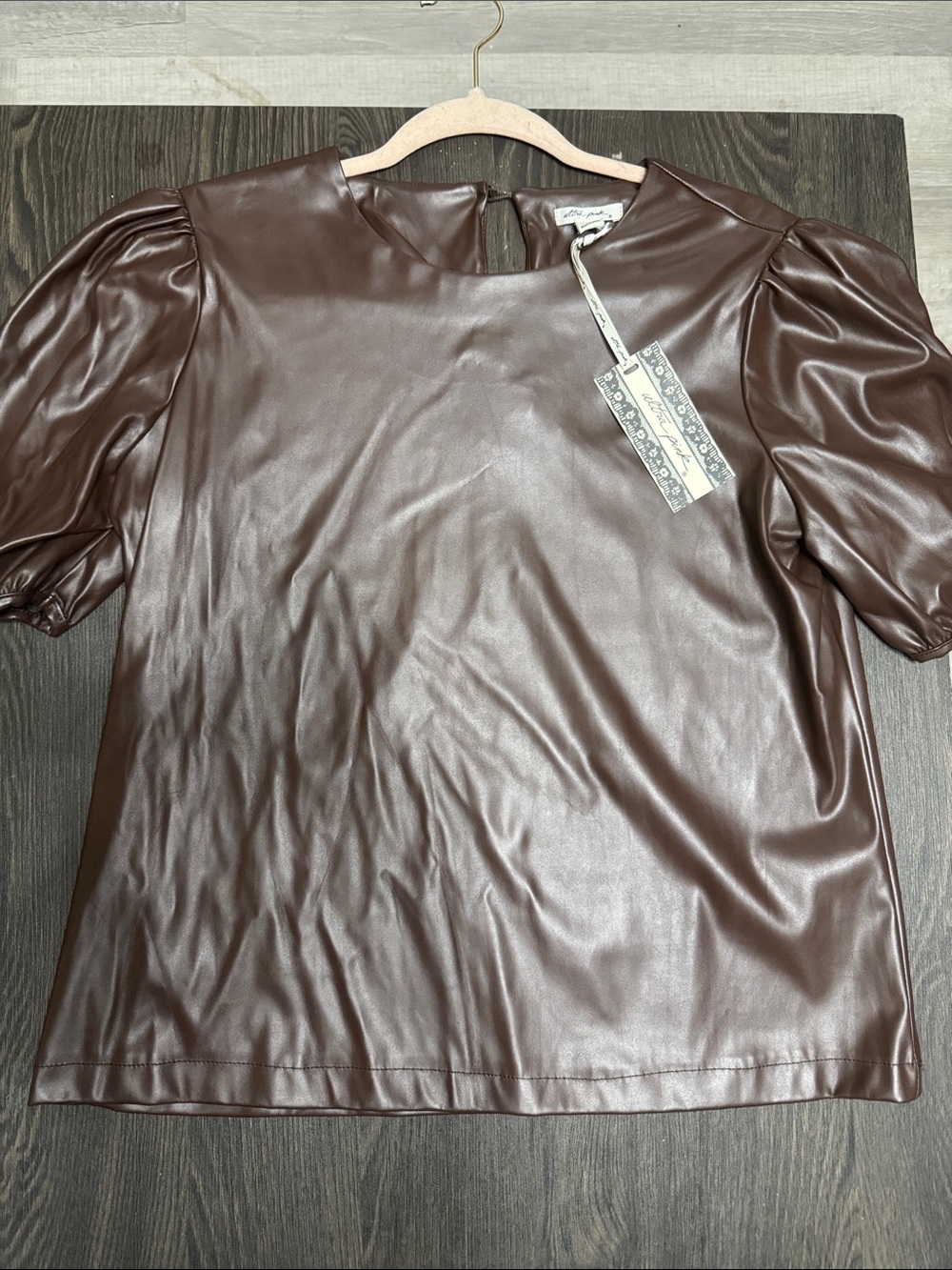 Ultra Pink Faux Leather Puff Sleeve Blouse - Chocolate Brown